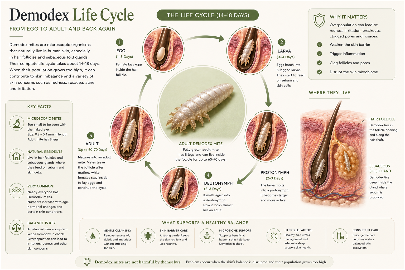 Demodex Life Cycle diagram showing Egg, Larva, Nymph, Adult